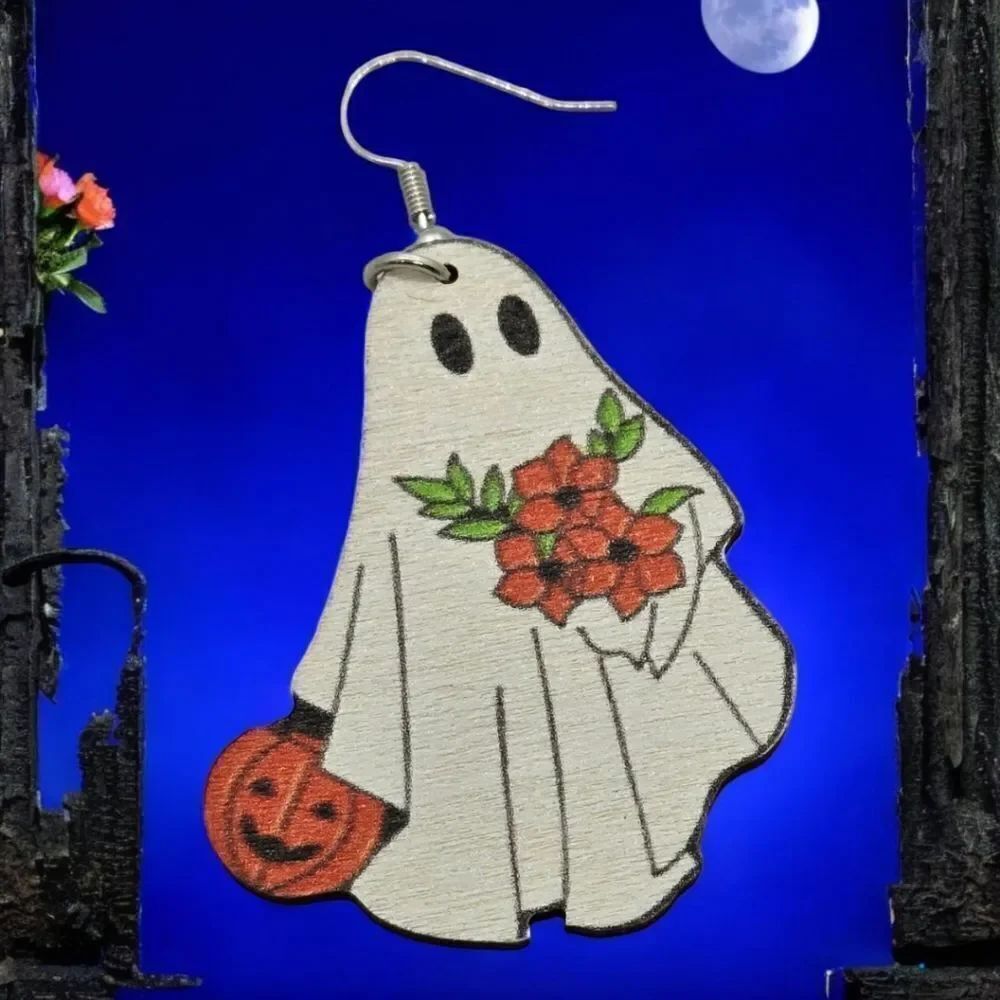Ghost Earrings Flowers Pumpkin Jack O Lantern Wooden Halloween Cute Spooky Fun - Picture 3 of 5